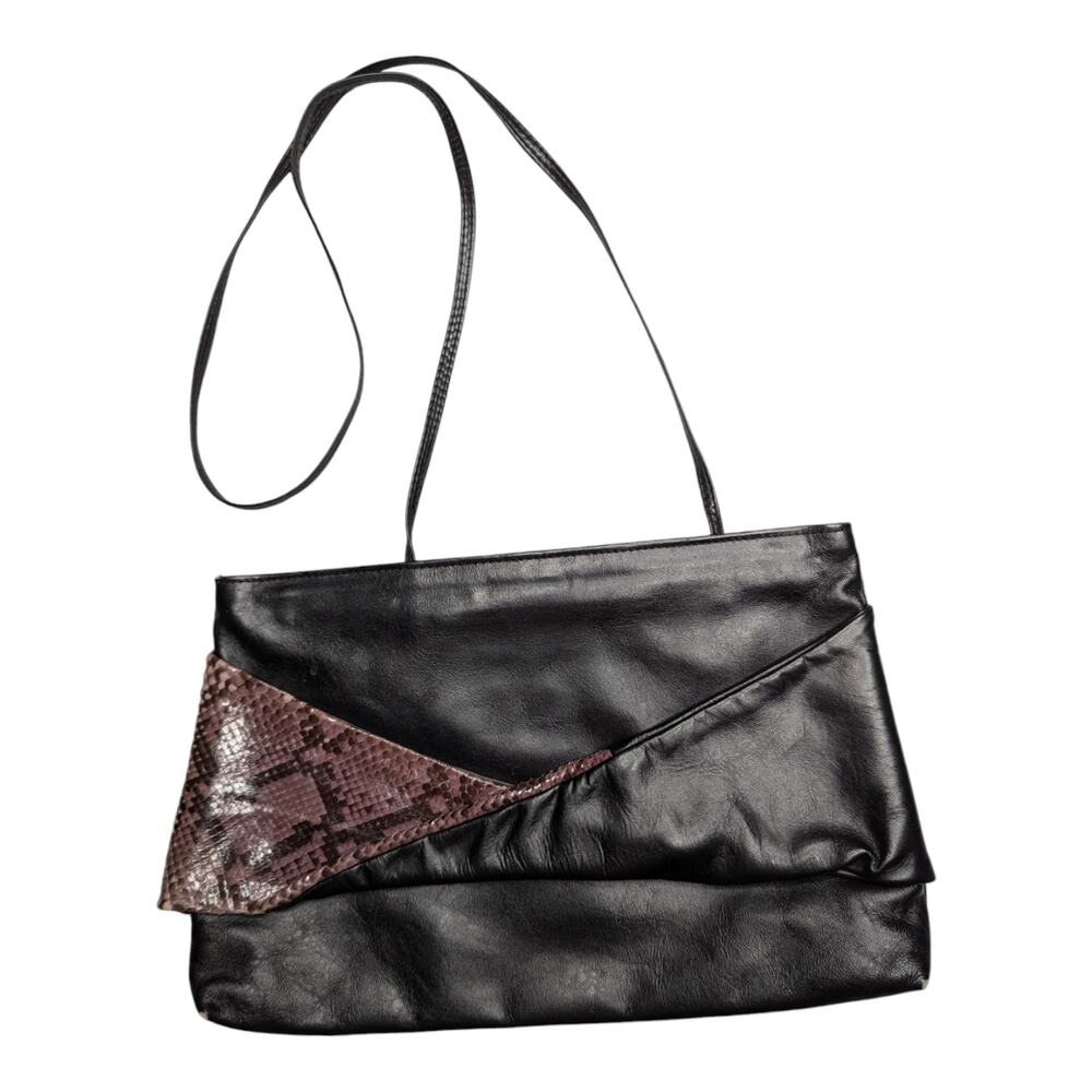 Vtg 1970s Lou Ran Black Snakeskin Textured Leather Metal Frame Shoulder Bag